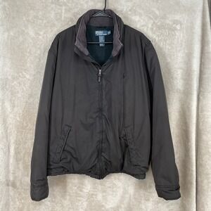VTG Y2K Polo Ralph Lauren Bomber Jacket Mens XL Black Fleece‎ Lined Hood FLAW
